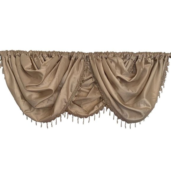 Gold Beaded Fringe Waterfall Valence Swap Set of 3 Rod Pocket Panels 23" x 50" - Picture 1 of 9